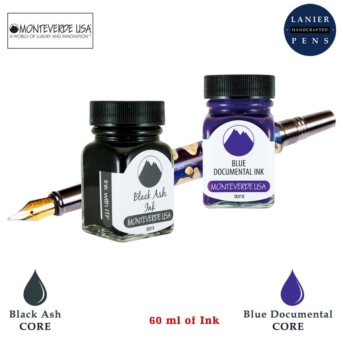 Monteverde 60ml Core Fountain Pen Ink Bottle (30ml Black Ash Ink Bottle G309BA, 30ml Blue Documental Ink Bottle G309DU)