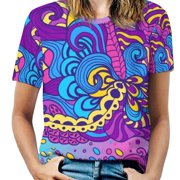T-Shirt Women'S Abstract Hallucinogen Pattern Lotus Leaf Neck Long Sleeve For Women Spring And Autumn Tee Abstract Bright