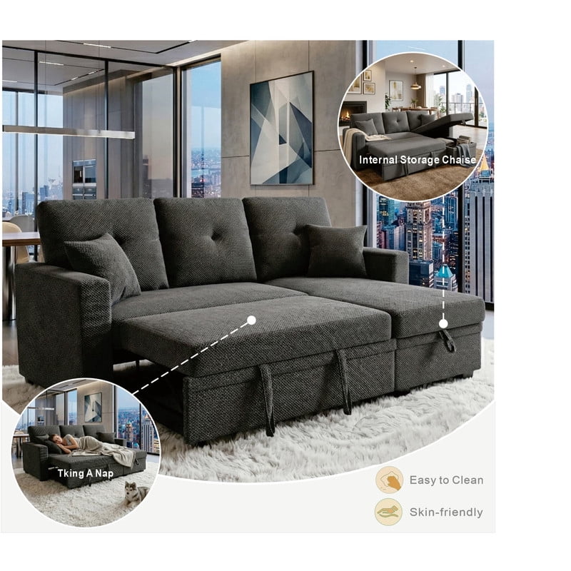 L-Shaped Sectional Sofa with Pull-Out Bed and Reversible Chaise, Convertible Sleeper Sofa Bed Modern Couch Bed for Living Room Apartment