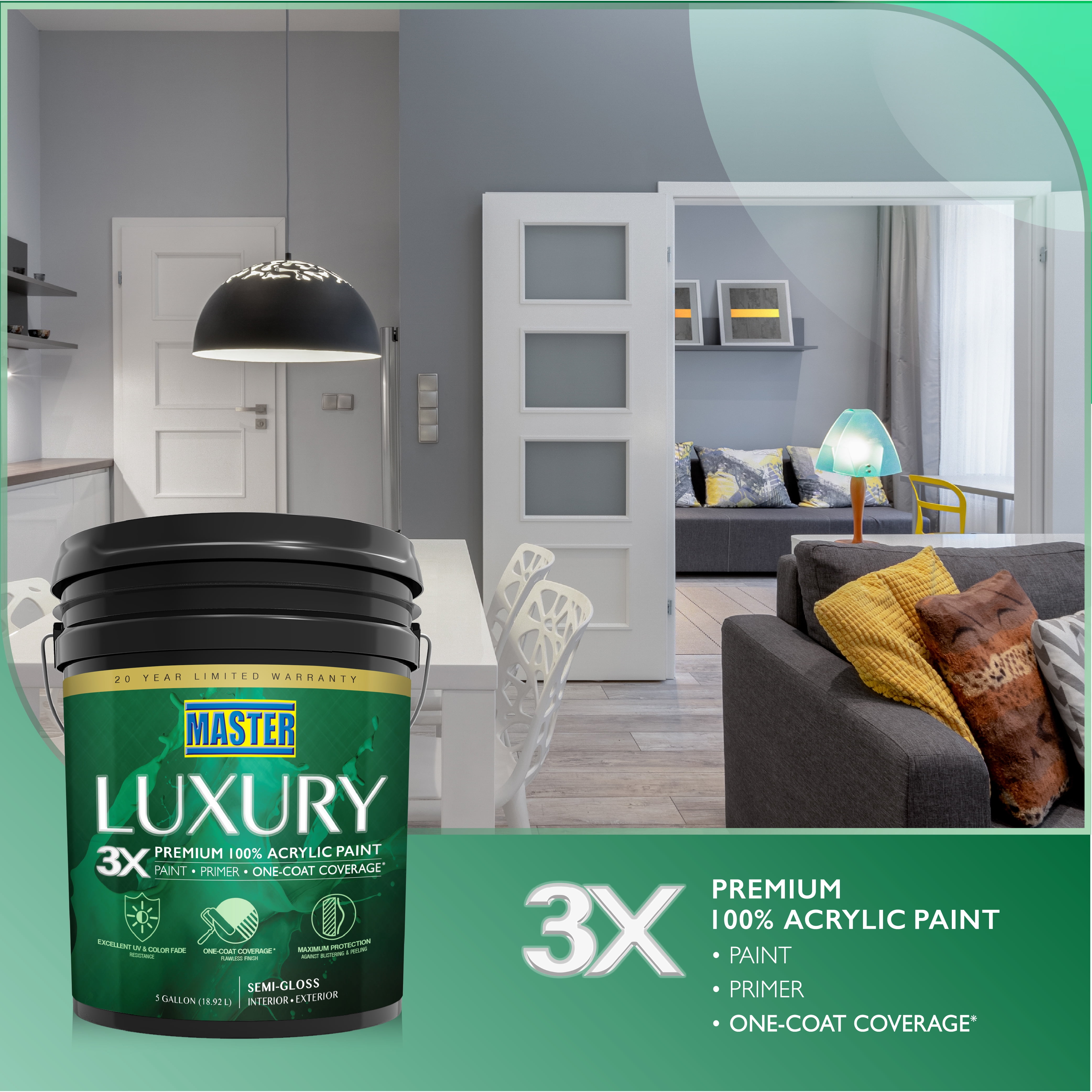 Master Luxury 3X Premium 100% Acrylic Paint Primer and One Coat Coverage Interior/ Exterior Semi Gloss White 5 gal