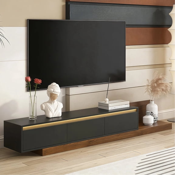 HIUU 65" Black TV Stand with Storage,TV Stand with Led Lights,Extendable TV Stands with 3 Drawers with Sleek Two-Tone Modern Style Design,Modern TV Stands for Living Room