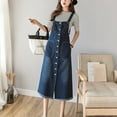 thumbnail image 1 of Moda mujer Casual sólido Denim cuello cuadrado botones bolsillo sin mangas Sling vestido correa vestido Pompotops  qyievc1010, 1 of 7