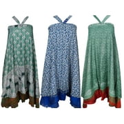 Mogul Womens Wholesale 3 Pcs Lot Indian Magic Wrap Around Skirt Two Layers Recycled Sari Cover Up Sarong Dress