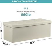 HomGarden 43'' Linen Storage Ottoman Bench, Foldable Footrest Stool W/ Divider, Cream