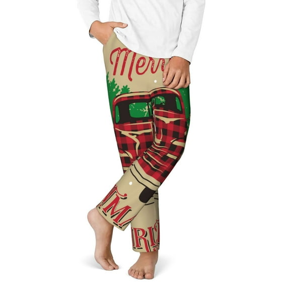 Gukieu Christmas Vintage Red Truck Print Youth Home Trousers, Elastic Waistband with Pockets for Home and Outing, Suitable for Children Aged 5-16-XS(5-6)
