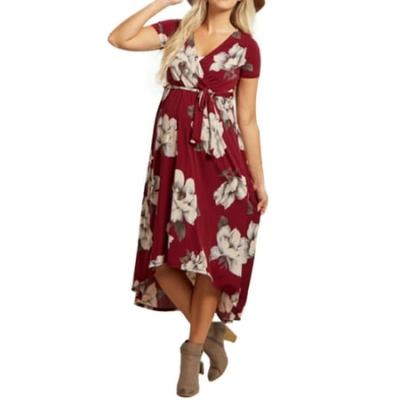 Low V-neck Dress Jchiup Maternity Wrap Floral Maxi Dress Short Sleeve V Neck High Low Summer Beach Dress ()