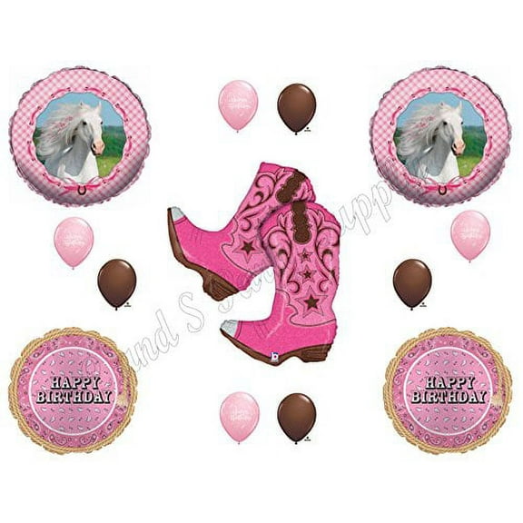 Heart My Horse & Pink Cowgirl Boots Happy Birthday Party Balloons Decoration Supplies Horse Western