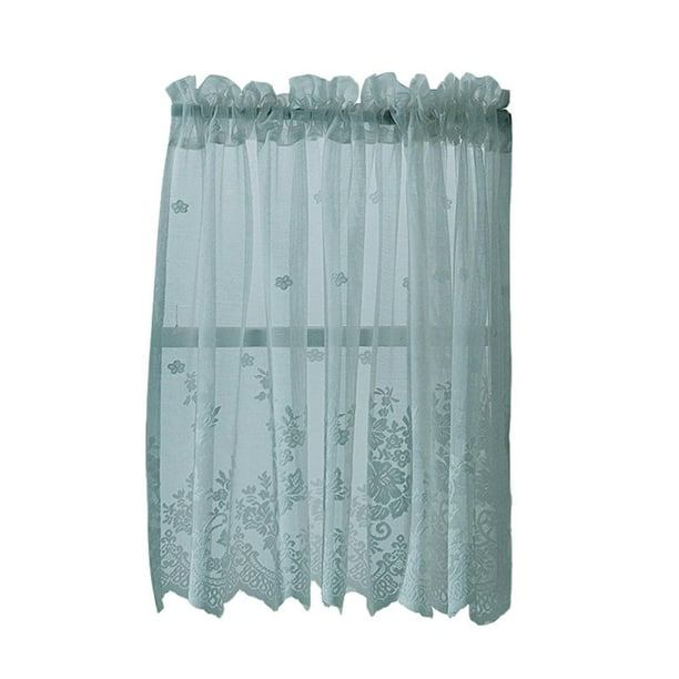 Cenefa de cortina transparente de gasa con encaje bordado para ventana de cocina, 29 x 24 pulgadas Azul