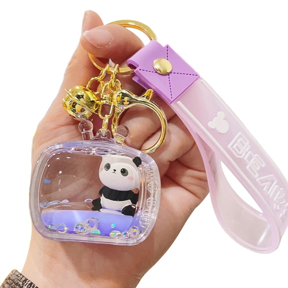HUANLEDASH Clear Acrylic Quicksand Panda Keychain Bell Decor House Keys Keyring with Lanyard Doll Handbag Decoration