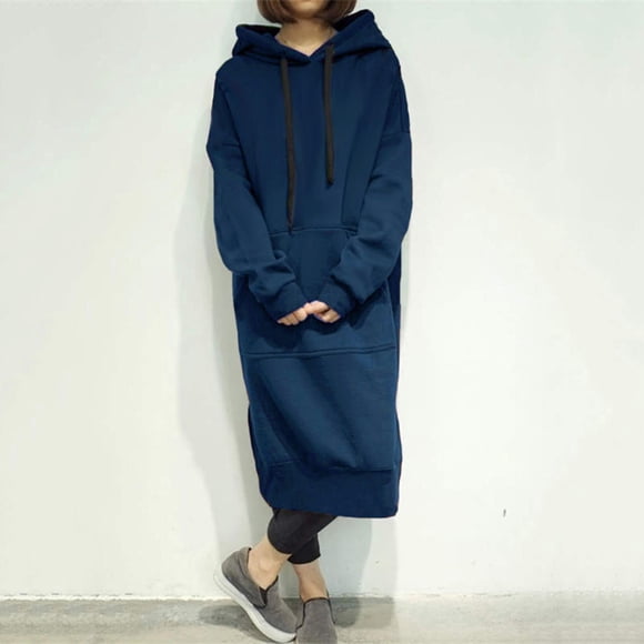 DondPO Long Sleeve Dress for Women,Plus Size Dresses Women's Large Size Round Neck Hooded Solid Color Long Sleeved Long Sweater Dress Maxi Dress,Elegant Dresses Hoodie Dress Blue Dress 3XL