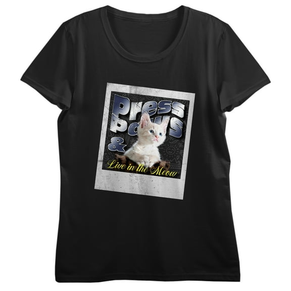 Live In The Meow Cat Photo Crew Neck Short Sleeve Women's Black T-shirt-Medium