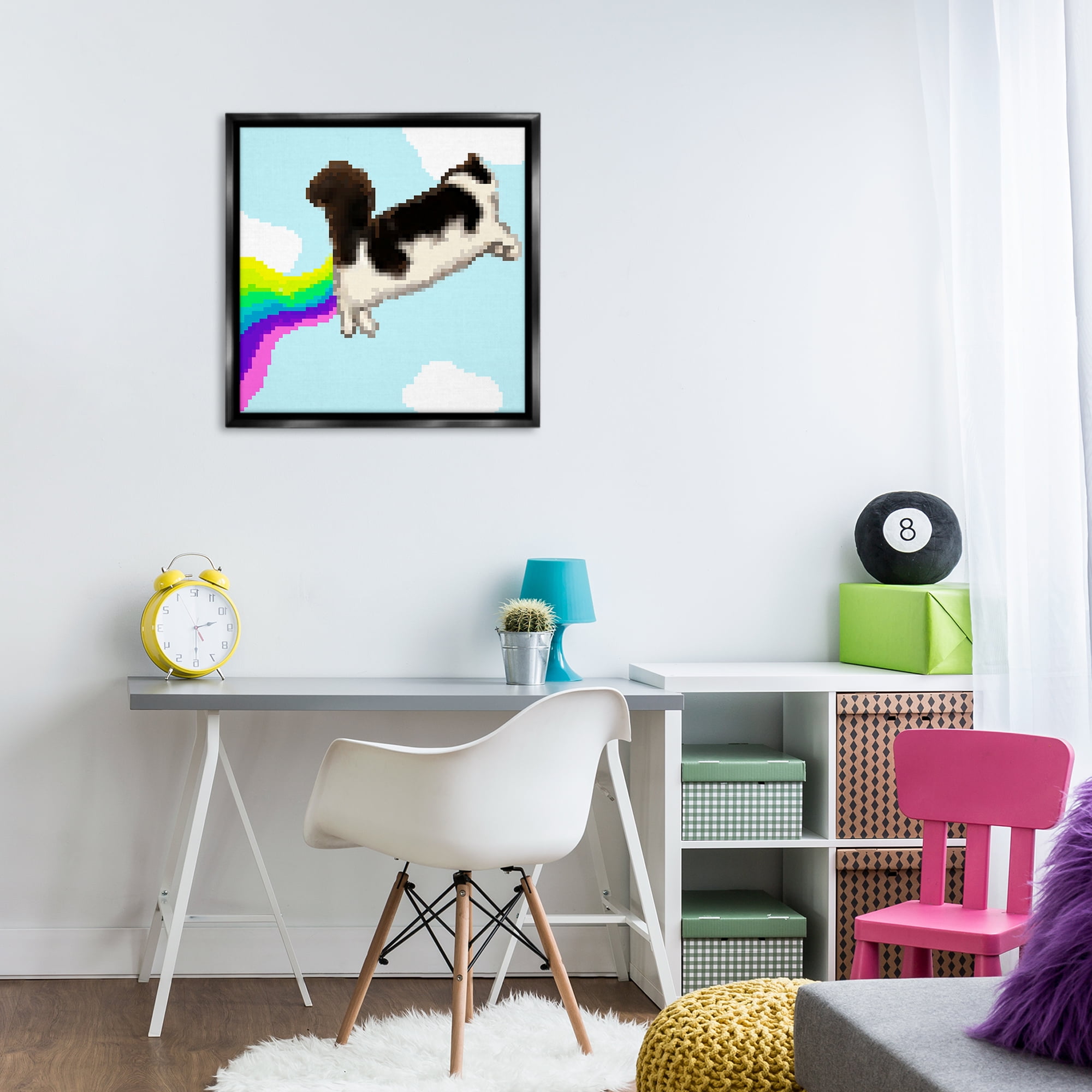 Stupell Industries Whimsical Cat Flying Animals Painting Black Floater Framed Canvas Art Print Wall Art, 25 x 25