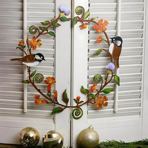 Corona de Metal para Jardín con Pájaros | Decoración de Hierro para Ventanas | Arte de Metal Cortado a Láser | Elegante Diseño de Dos Pájaros En Una Rama | Decoración de Pared para Interiores y Exter