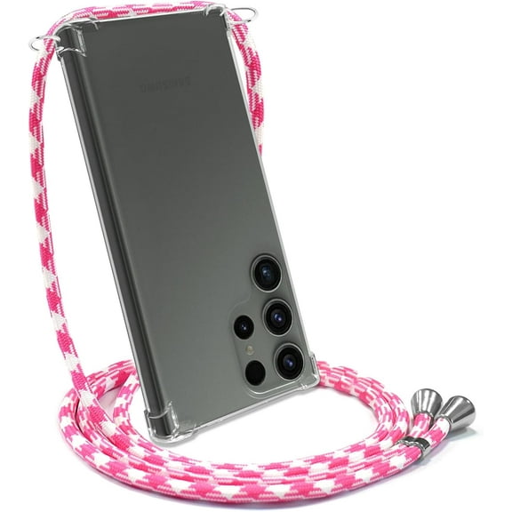 for Samsung Galaxy S22 Ultra Cute Clear Case Cover Lanyard Strap Transparent Soft TPU Bumper Shockproof Protective Case with Porable Crossbody for S22 Ultra - Pink White