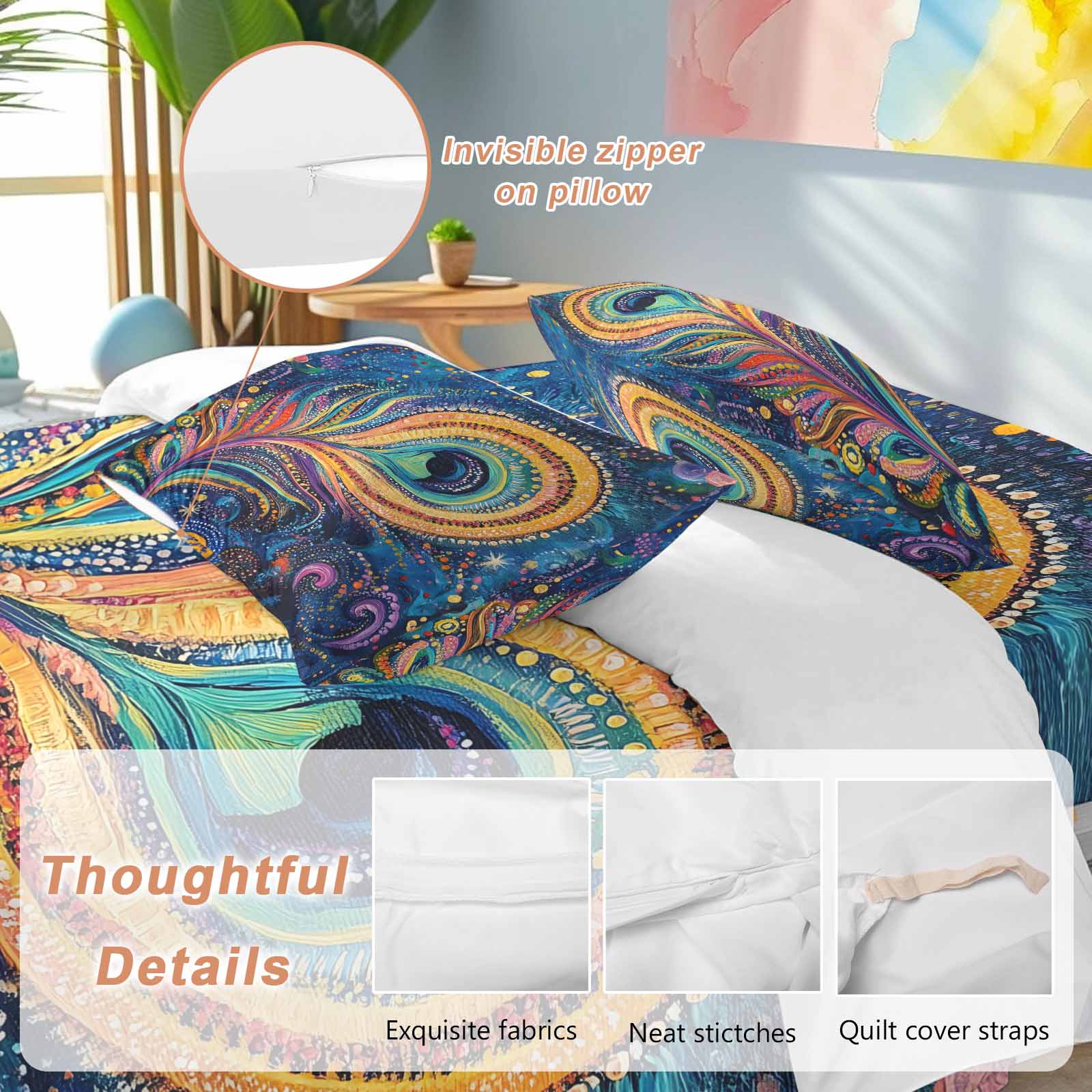 Abstract Peacock Feathers Duvet Cover Set King Size, Blue Ombre 4 Piece Soft Microfiber Bedding Set with 1 Duvet Cover, 1 Flat Sheet, 2 Pillowcases