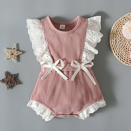 

Toddler Kids Girls Ribbed Soild Fly Sleeves Bowknot Romper Jumpsuit Cloths