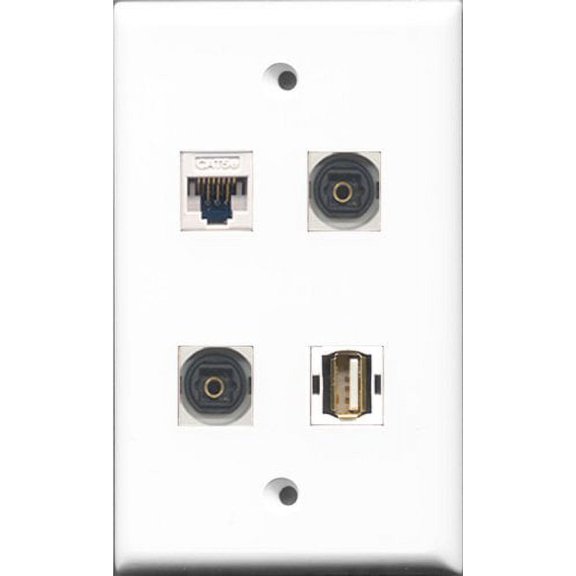 RiteAV 1 Port USB A-A 2 Port Toslink and 1 Port Cat5e Ethernet White Wall Plate