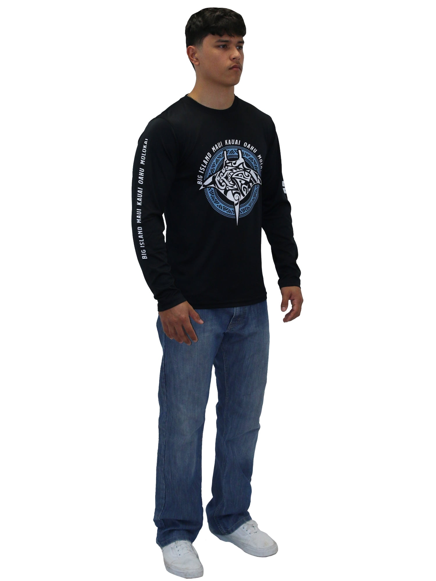 Island Crew Hawaii Dri Fit Cool T-Shirt Long Sleeve, Manta Ray, Small - 3XLarge, Black
