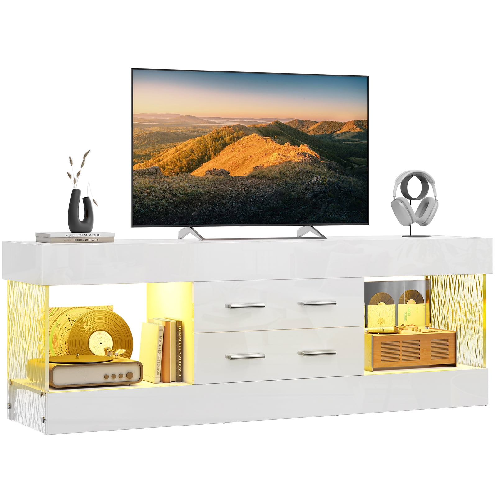 Bestier White TV Stand for TVs up to 65", Modern High Gloss Entertainment Center for TVs with LED Light, TV Console Table with 2 Storage Drawers
