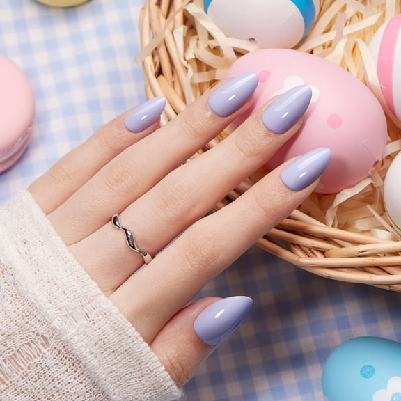 VSALON Press on Nails Short Almond - Solid Periwinkle Blue Cream Finish Fake Nails Kit, Long-Lasting & Reusable Gel Nails with Glue & Cuticle Oil - 32 PCS Stick On Nails in 16 Sizes (Lavender Gelato)