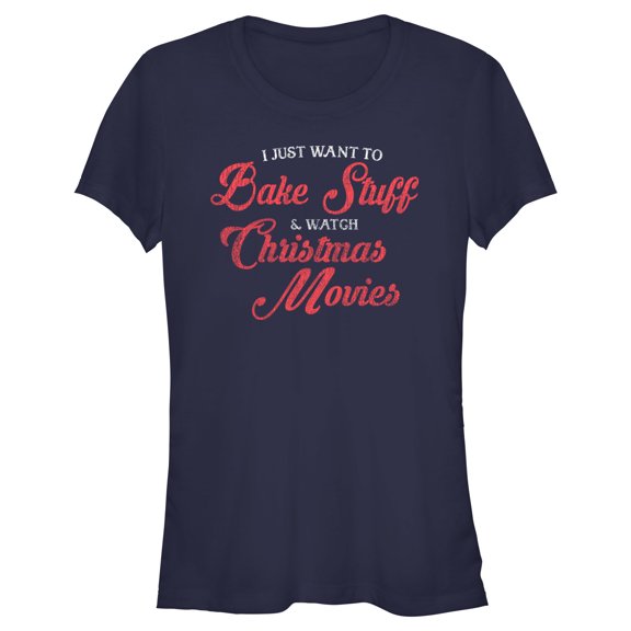 Junior's Lost Gods Distressed Bake Stuff and Christmas Movies  Graphic Tee Navy Blue Large