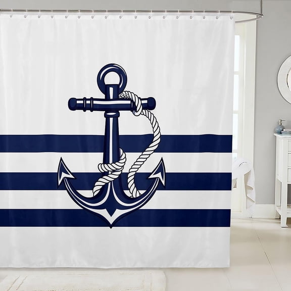 Nautical Anchor Shower Curtain Blue and White Striped Fabric Bath Curtain for Bathroom 71x71 inches