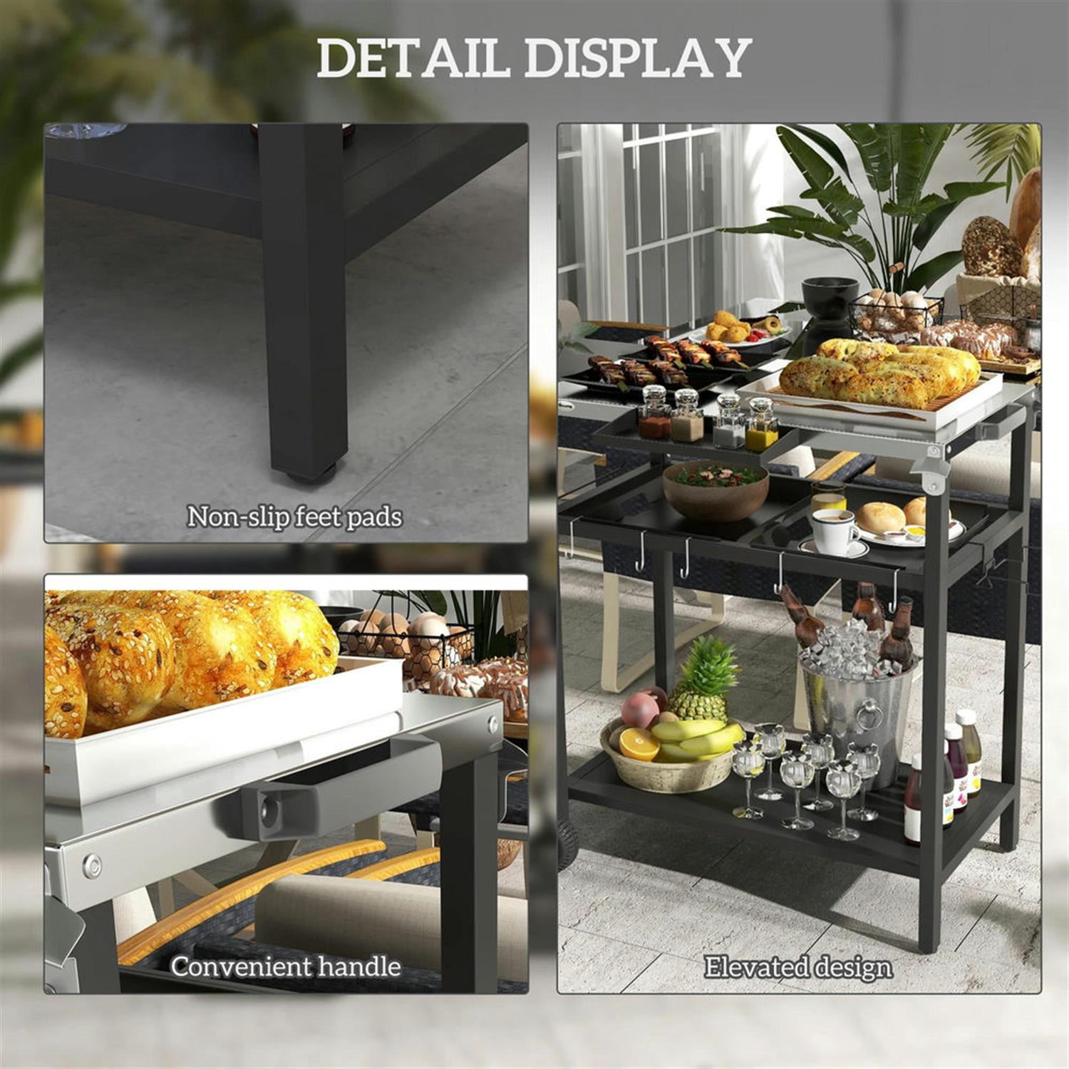 Demi Bonn 2-Tier Outdoor Bar Cart, Sturdy Stainless Steel Patio Serving Trolley for Poolside, Garden Accessories, Easy Assembly, Black