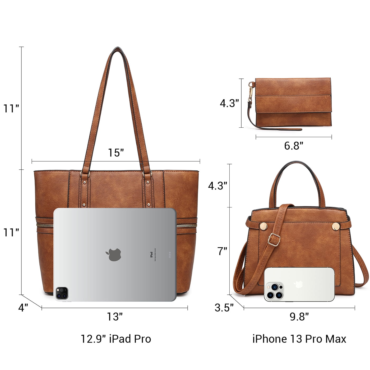 VANSARTO Women's Vegan Leather Tote Handbag Set, Brown, 3-Piece