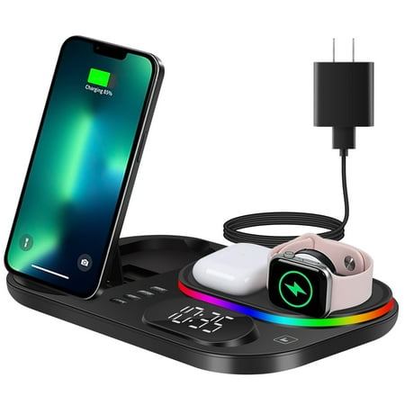 Srliya Wireless Charger, 3 in 1 Wireless Charging Station with Digital Clock and Colorful Light, for Apple Watch/iPhone/13/12/11/Pro/Pro Max Samsung Galaxy S6 Series Phone With QC3.0 Adapter-Black
