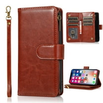 Dteck Wallet Case for Samsung Galaxy S24 , Premium PU Leather Zipper Flip 9 Card Slots Wallet with Wrist Strap Magnetic Closure Built-in Kickstand Protective Case,Brown