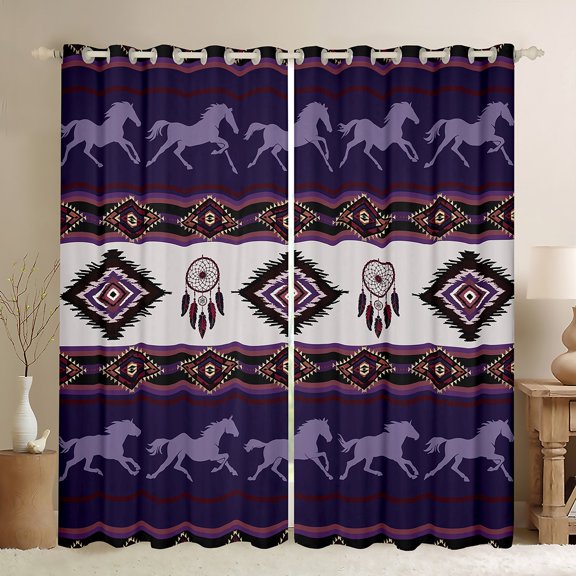 jejeloiu Retro Boho Aztec Black Out Curtains,Rustic Farmhouse Tribal Curtains Pack of 2 (42x63 Each),Purple Horse Silhouette Bedroom Curtains For Teens,Microfiber Bedroom Decor