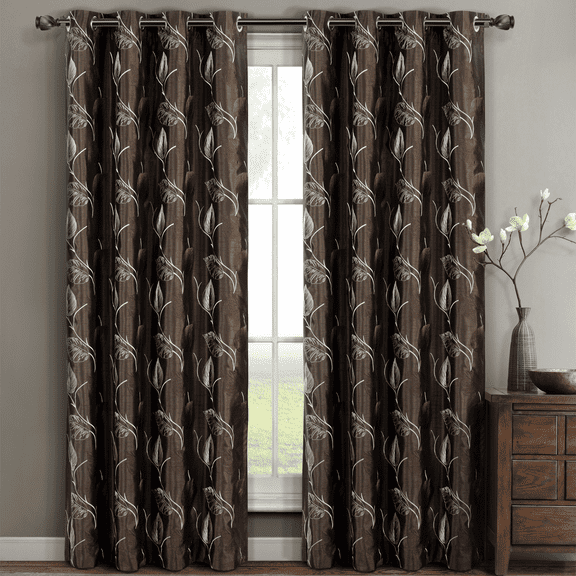 Pair (Set of 2) Olivia Embroidered Lined Grommet Top Curtain Panels - Chocolate104x96