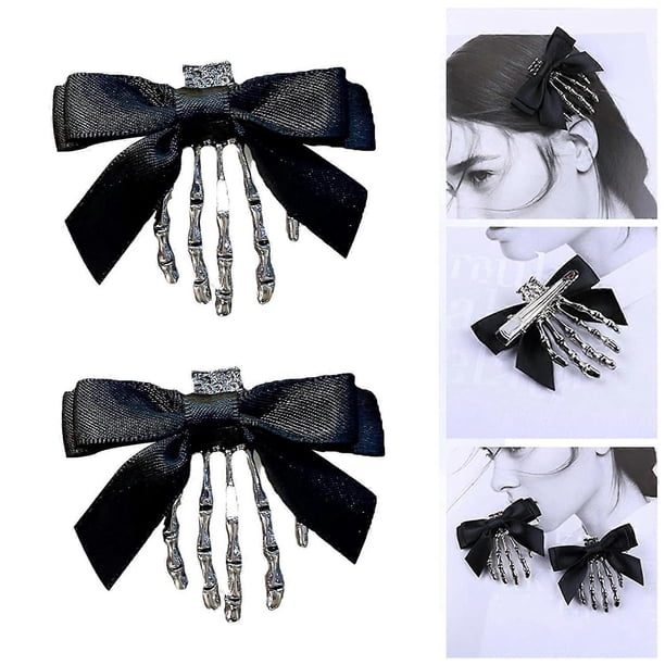 2 PCS Halloween Black Butterfly Hair Clips, Skull Hand Ghost Claw Bowknot Metal Polished Hair Pin Vintage Gothic Personality Ribbon Bowknot Hairpins B