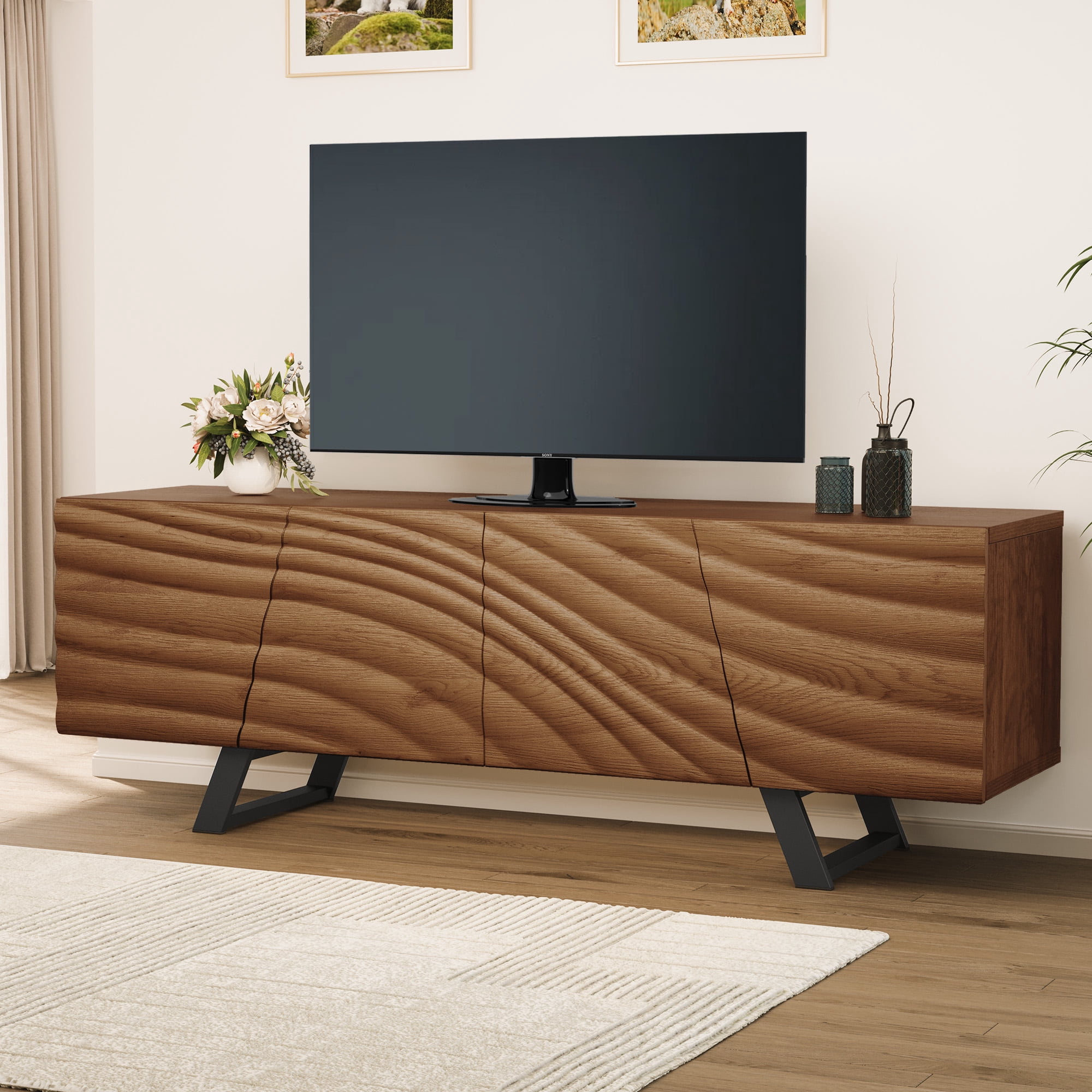 Dextrus Television Stand with Storage Cabinet, Wood Walnut, 68.90 x 20.08 x 5.63 Inches, 97 lb