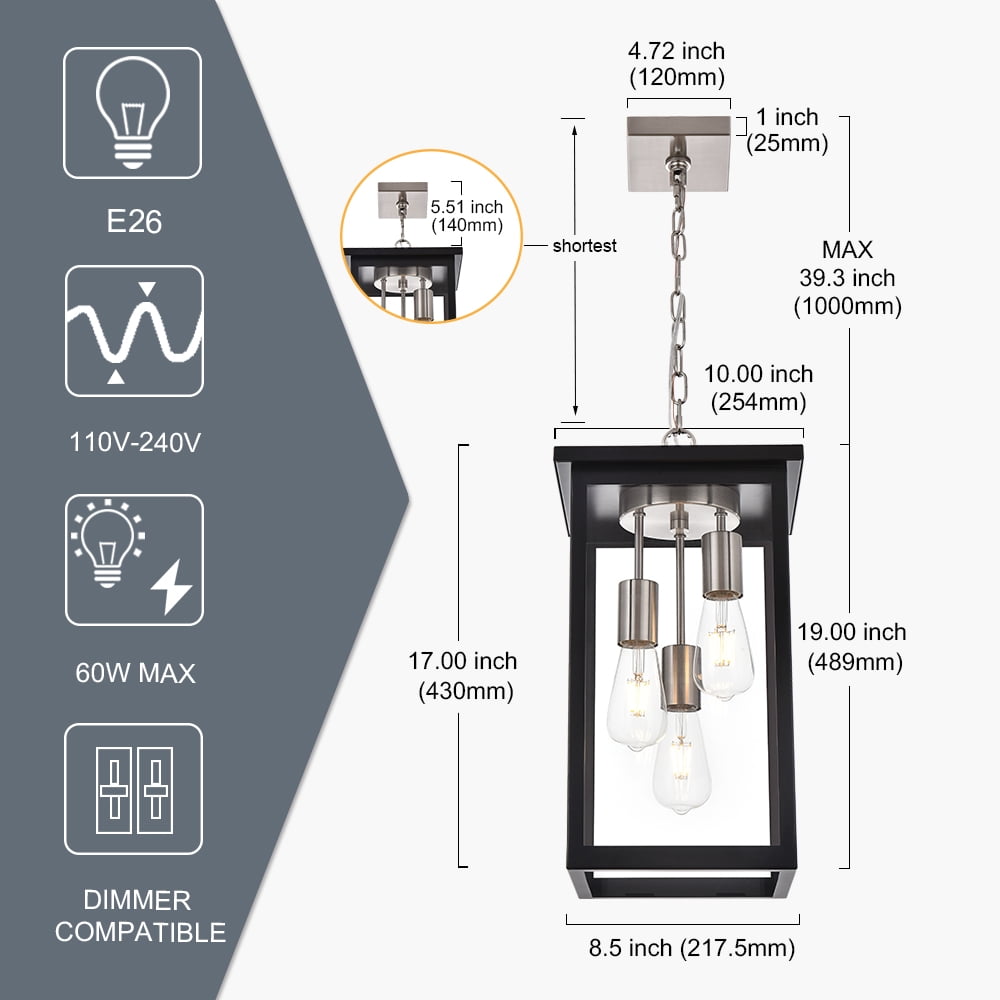 Melucee Outdoor Pendant Light Fixtures, 3-Lights Exterior Hanging Lantern, Black Brushed Large Outdoor Hanging Porch Light with Clear Glass Shade