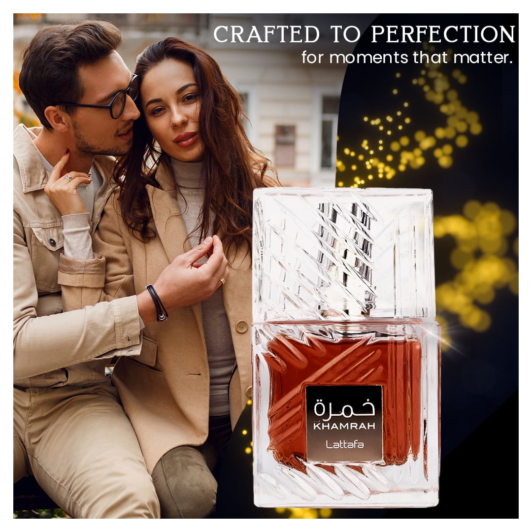Aromaque Bundle: Lattafa Khamrah Perfume 3.4oz, Refillable Bottle, 2 Car Fresheners & Satin Bag