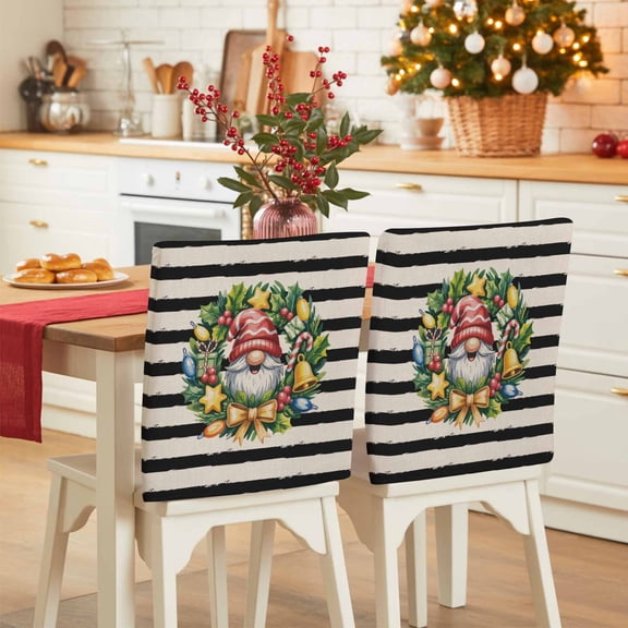 Vintage Gnome Chair Covers Set of 4 Christmas Star Gift Black White Striped Chair Back Covers Stretch Removable Washable Slipcovers Protector for Dining Room Kitchen Party Decor
