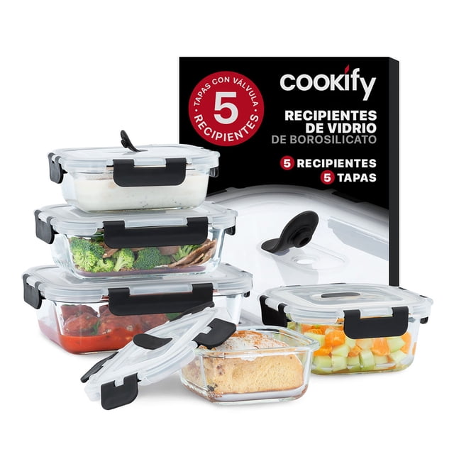 Set 5 Recipentes De Vidrio Cookify, Tapa Hermética | Refractarios Contenedores Resistentes Sin Bpa, Aptos Para Horno, Congelador