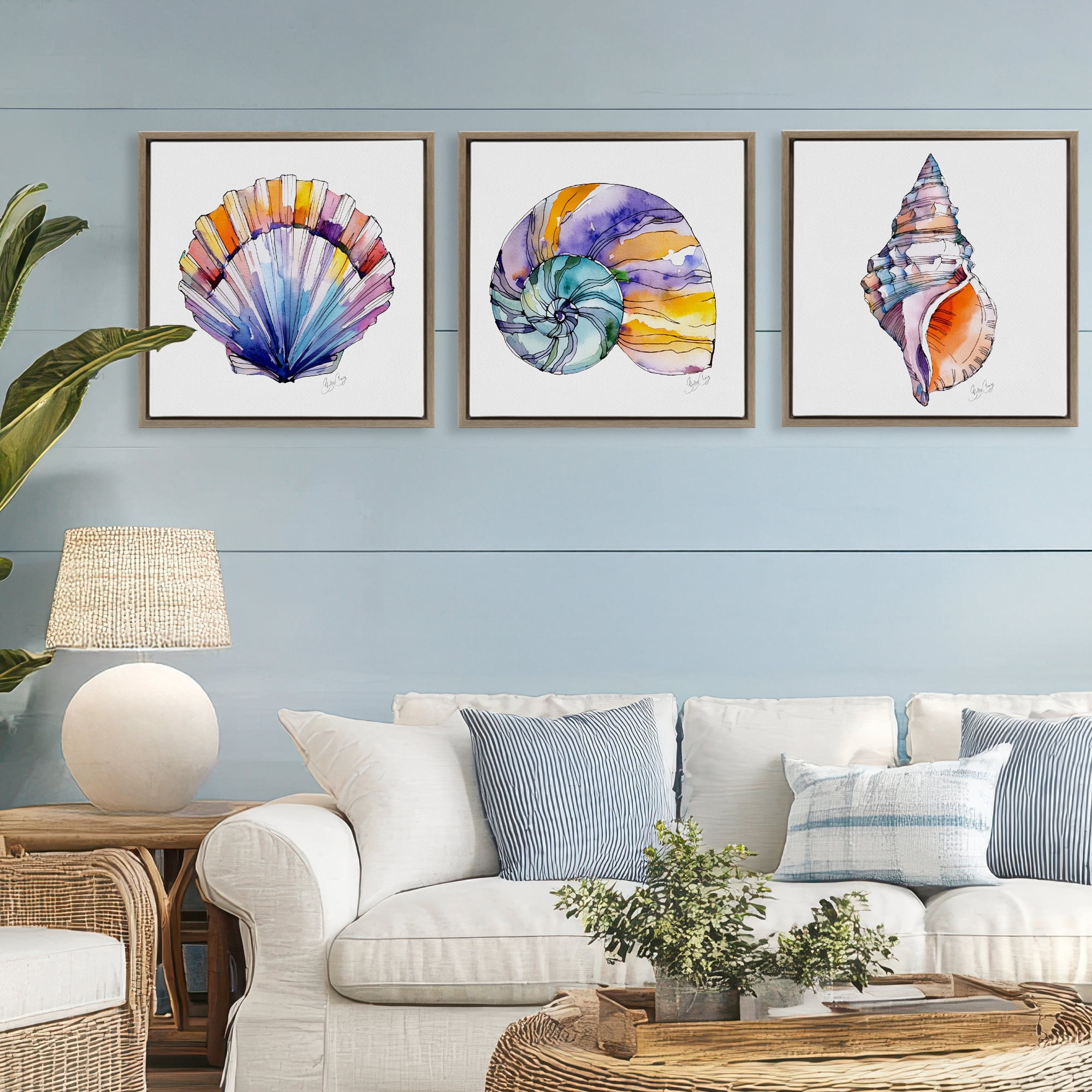 Stupell Industries Sunlit Seashells Watercolors 3 Piece Brown Framed Floater Canvas Set, design by Shelly Craig