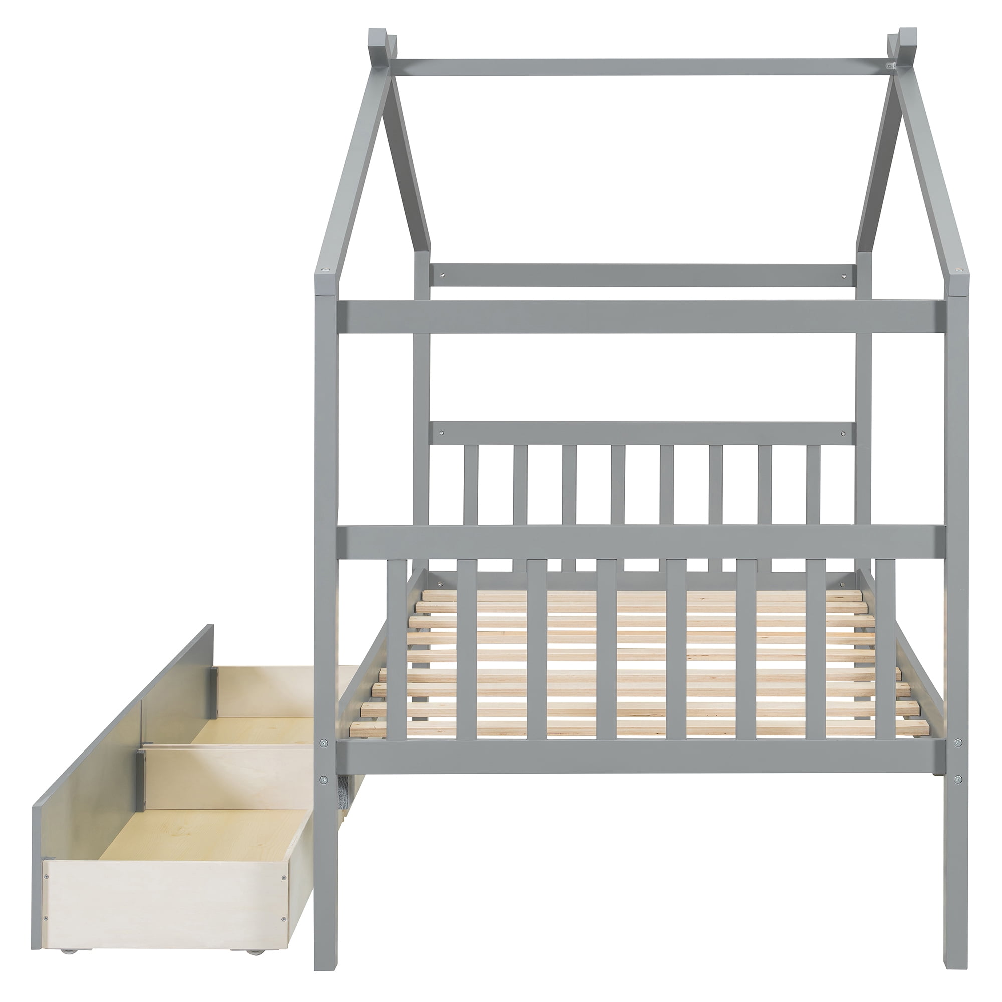 Aukfa Twin Size House Bed with Two Storage Drawers for Kids, Solid Wood Montessori Bed Frame, Gray