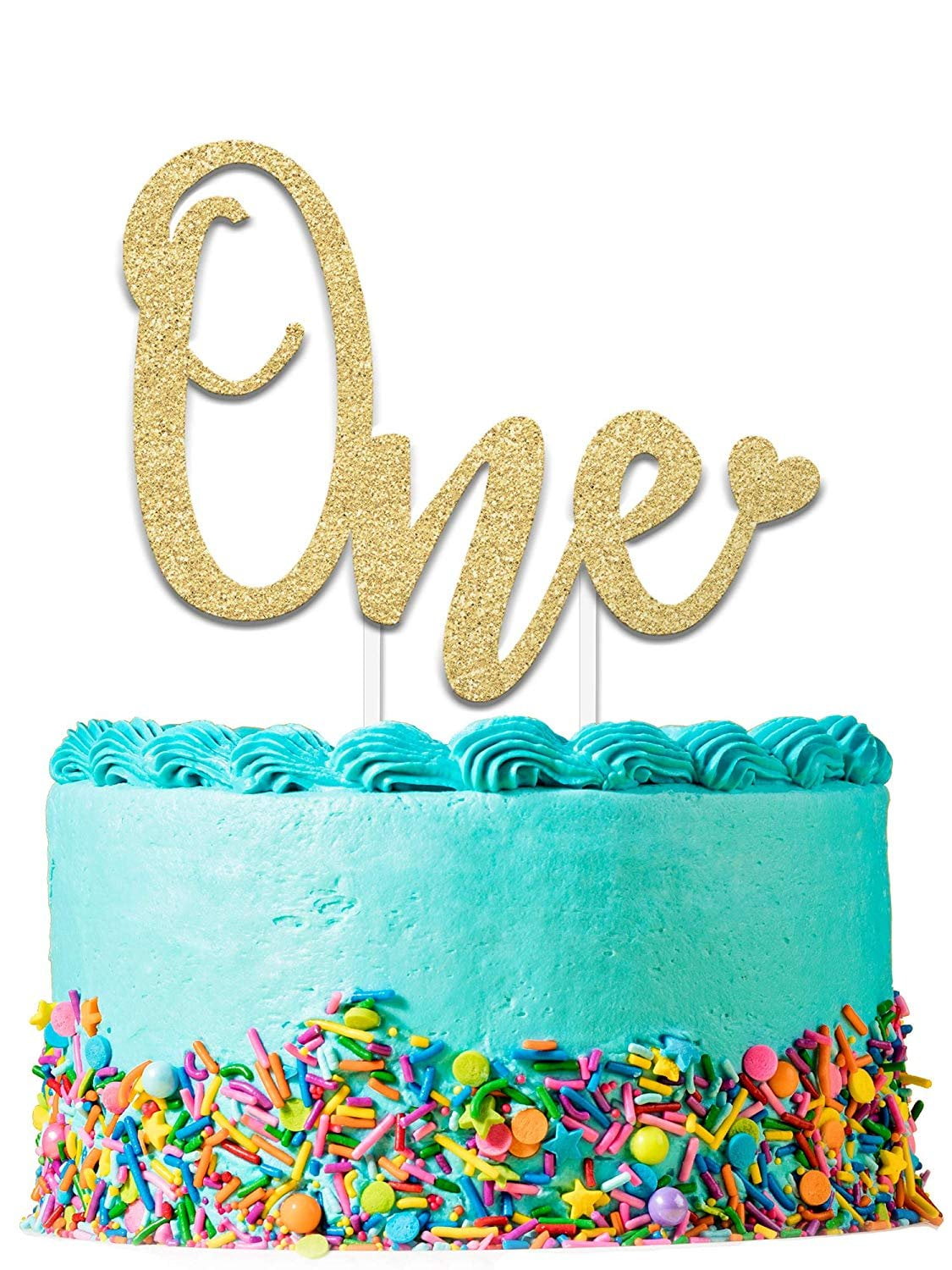 6.25 x 4.25 First Bday Topper w/ Premium Double Sided Gold Glitter Card Stock Paper 1st Birthday Cake Topper Decoration ONE Exclusive Happy Birthday Accessory For Boys & Girls 