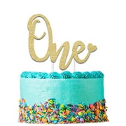 1st Birthday Cake Topper Decoration - One - 6.25" x 4.25" Double Sided Gold Glitter Card Stock Paper