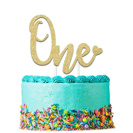 1st Birthday Cake Topper Decoration - One - 6.25" x 4.25" Double Sided Gold Glitter Card Stock Paper