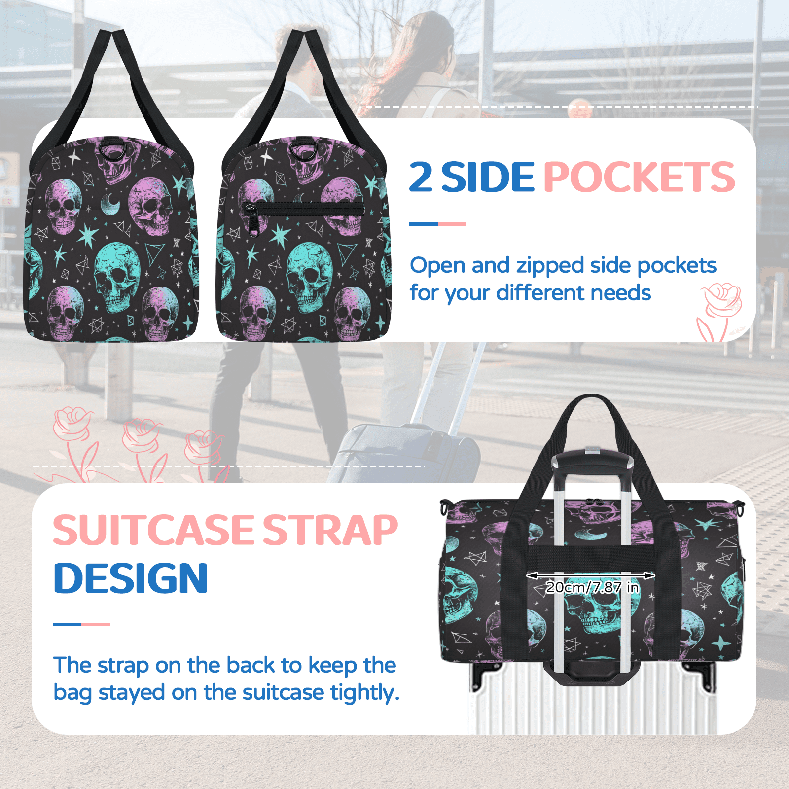 Herdesigns Skull Travel Duffle Bag Sports Yoga Weekender Overnight Carry on Workout Bags Lightweight Waterproof Gym Tote Bag for Women Skeleton