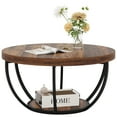 thumbnail image 2 of Fnova Coffee Table with 2 - Tier Storage, 32" Round Wood Coffee Table with Metal Legs, Modern Rustic Style Center Table for Living Room, Dark Brown and Black, 2 of 11
