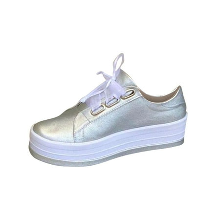 JikouIivo Women Fashion Shoes Round Toe Thick Heels Lace-up Casual Lightweight Spring Casual Sneakers Women s Shoes Clearance