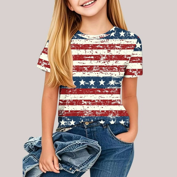 jobturf Patriotic Shirts for Girls 4th of July Cute Graphic Tees Short Sleeve Summer Tops Party Festival Outfits Size 3-14 Years