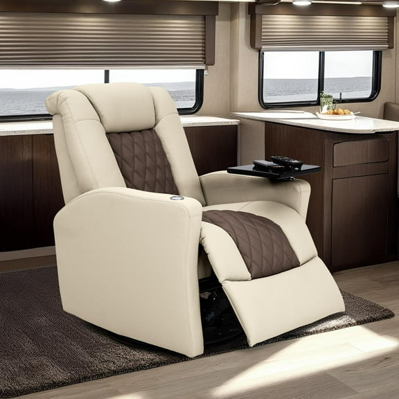 Qualitex Monument RV Swivel Recliner, Ultimate Leather, Powered Headrest, Heat and Massage, Power Recline, Bisque and Light Antelope