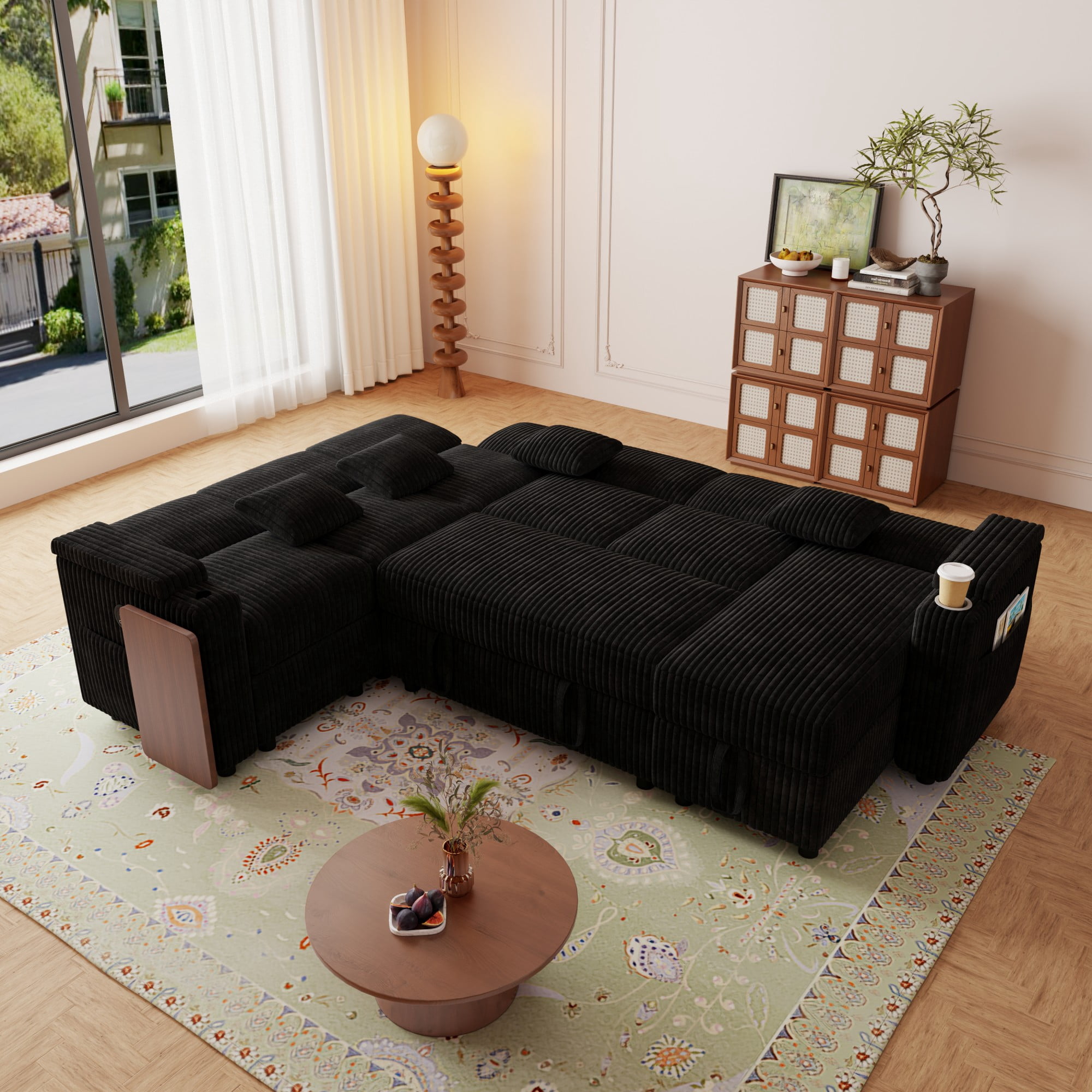 BSHTI 100" Corduroy U‑Shaped Convertible Pull‑Out Sofa Bed with USB Ports, Desk & Cup Holder for Living Room,(Black)