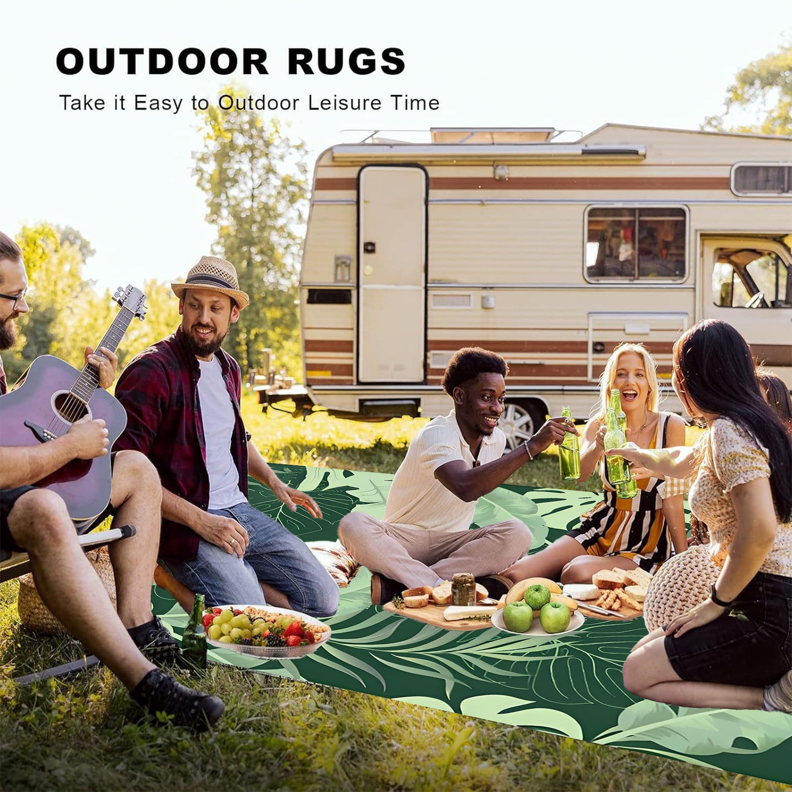 Summercome Outdoor Patio Rug 4x5 Waterproof Porch Deck Rug Stain Proof Non Fade Washable Outside Rug Carpet, Large Indoor Outdoor Area Rug for Living Room Bedroom Home Office, Green Tropical Plants